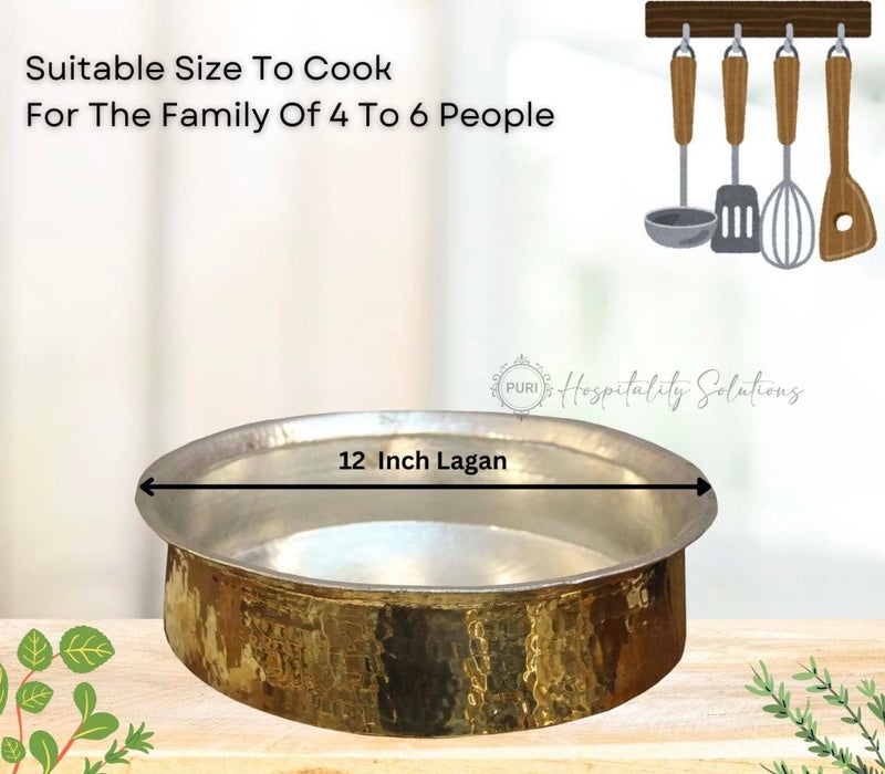 PURI BARTANWALA - Brass/Pital Non Stick Lagan for Cooking 12 Inch with Lid and Tin/Kalai Plating Inside ? Handcrafted (Suitable Size to Cook for The Family of 4 to 6 People) - Image 2