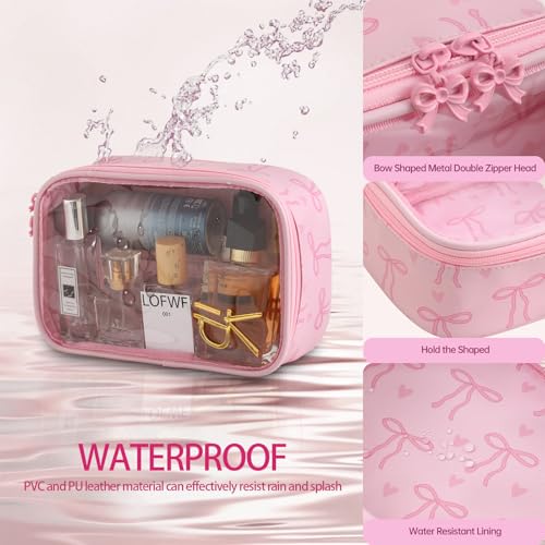 DYSHAYEN Clear Makeup Bag for Women Girls Small Travel Pink Bow Cosmetic Bag Cute Makeup Pouch for Purse Birthday Gifts for Girlfriend Mom Bridesmaid (Pink Bow C) - Image 3