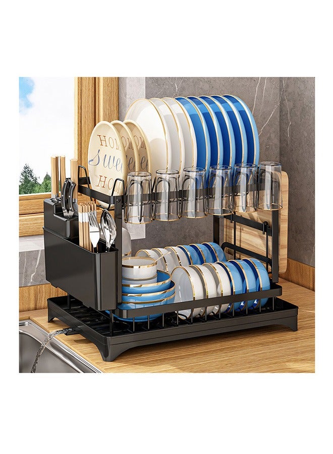 2 Tier Dish Rack, Dish Strainers for Kitchen Counter, Dish Drainer, Dish Rack with Drainboard, Large Dish Drying Rack, Collapsible Dish Rack and Drainboard Set (Black) - Image 1