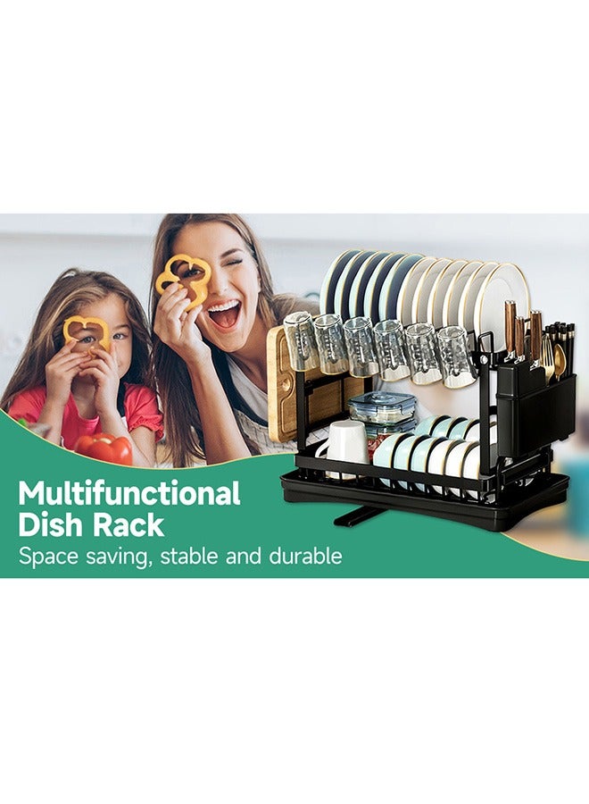 2 Tier Dish Rack, Dish Strainers for Kitchen Counter, Dish Drainer, Dish Rack with Drainboard, Large Dish Drying Rack, Collapsible Dish Rack and Drainboard Set (Black) - Image 3