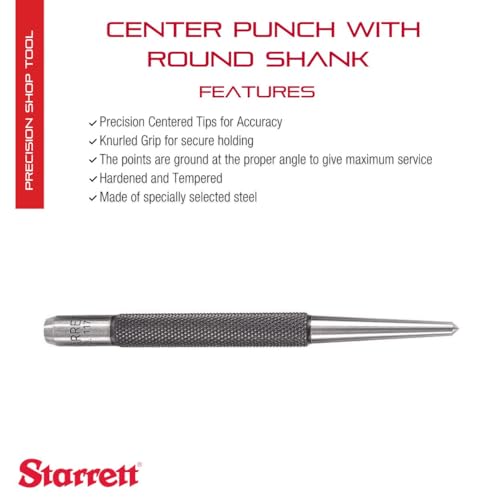 Starrett Steel Center Punch with Round Shank and Knurled Finger Grip - Hardened and Tempered, 4" Length, 1/8" Diameter Tapered Point - 117C - Image 2