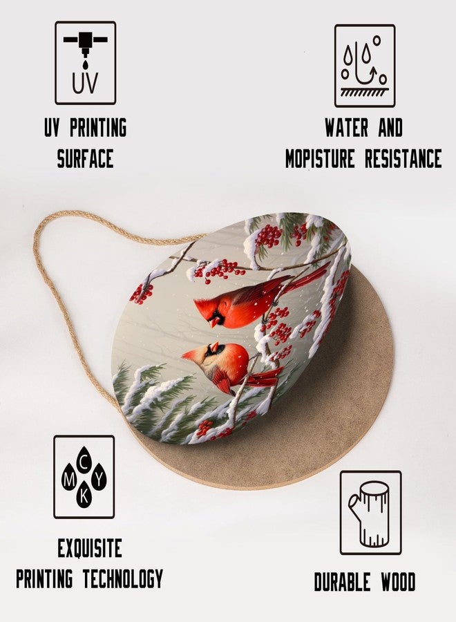 Anyako Winter Red Cardinal Bird Door Sign For Front Door Decor,Holly Berry Branches Snow Wooden Sign 12"x 12" Round Wood Hanging Door Sign Winter Decoration for Wall Rustic Decor - Image 3