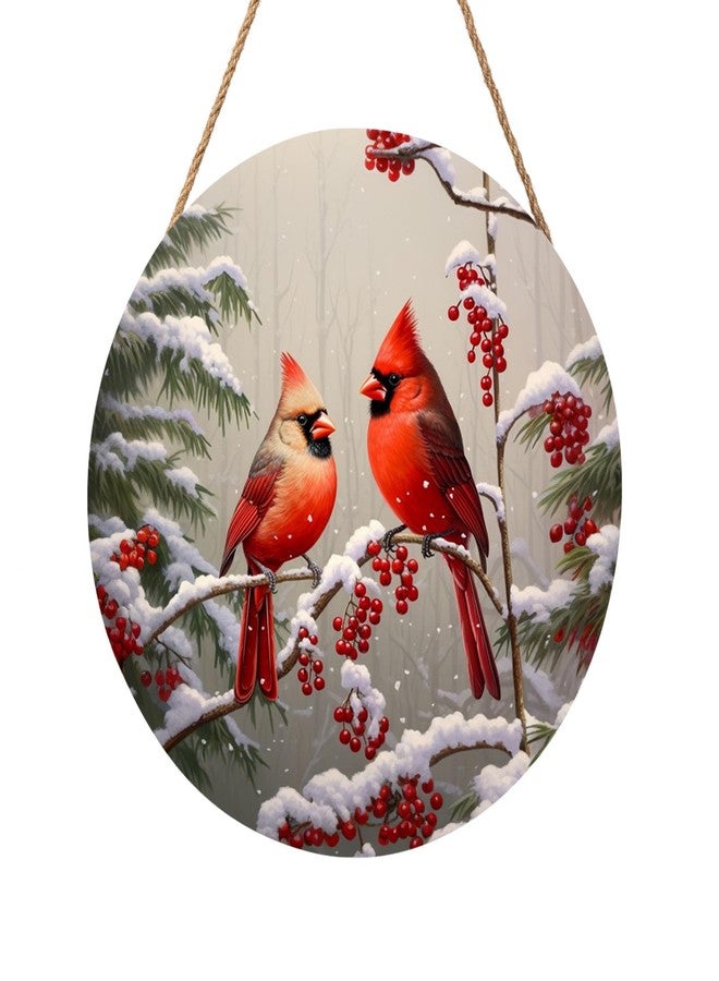 Anyako Winter Red Cardinal Bird Door Sign For Front Door Decor,Holly Berry Branches Snow Wooden Sign 12"x 12" Round Wood Hanging Door Sign Winter Decoration for Wall Rustic Decor - Image 1