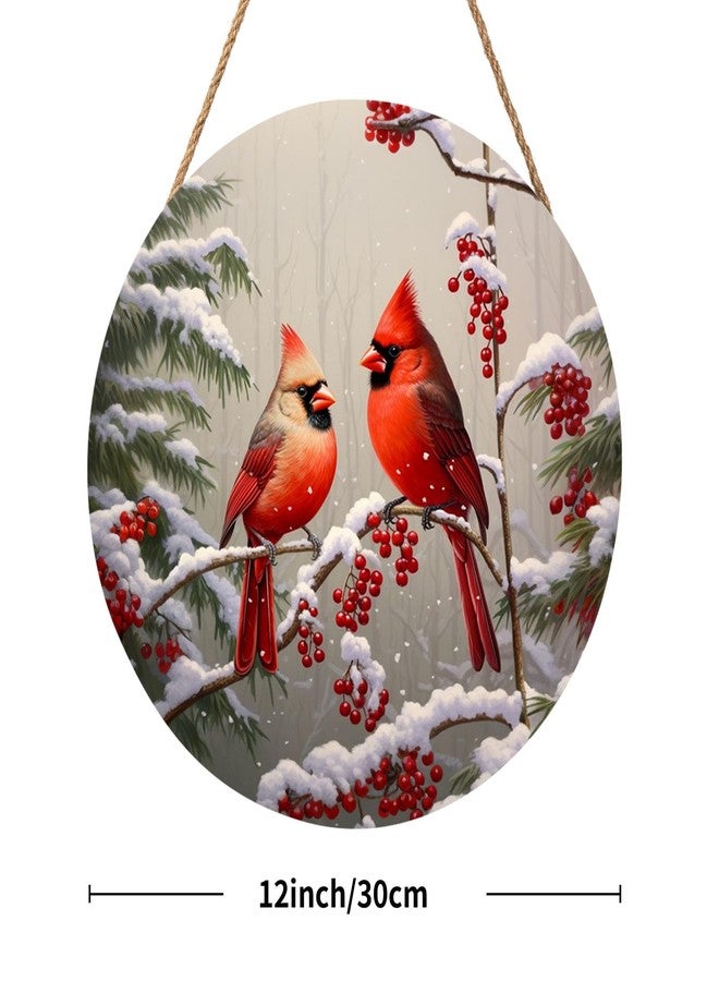 Anyako Winter Red Cardinal Bird Door Sign For Front Door Decor,Holly Berry Branches Snow Wooden Sign 12"x 12" Round Wood Hanging Door Sign Winter Decoration for Wall Rustic Decor - Image 2