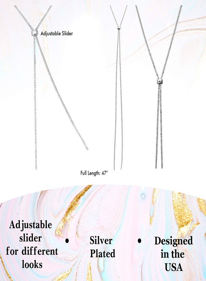 NTLX Y Necklace for Women - Long Gold Necklace - Rhinestone Necklace - Simple and Elegant - Adjustable Slider - Great Gift (Silver) - Image 5