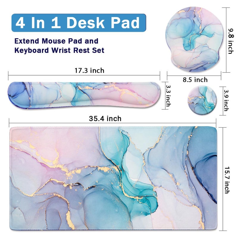 Yunoble 4-in-1 Gaming Mouse Pad Wrist Support Setï¼ŒDesk Pad + Mouse Pad with Wrist Rest + Keyboard Wrist Rest + Coaster, Ergonomic Design for Home Office Study Game - Blue Marble - Image 2
