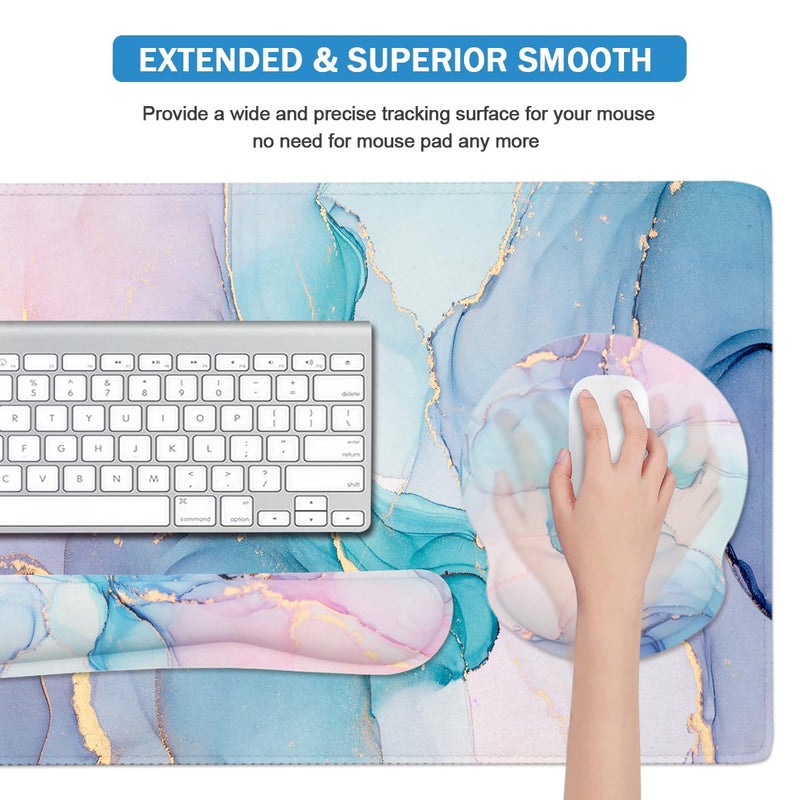 Yunoble 4-in-1 Gaming Mouse Pad Wrist Support Setï¼ŒDesk Pad + Mouse Pad with Wrist Rest + Keyboard Wrist Rest + Coaster, Ergonomic Design for Home Office Study Game - Blue Marble - Image 5