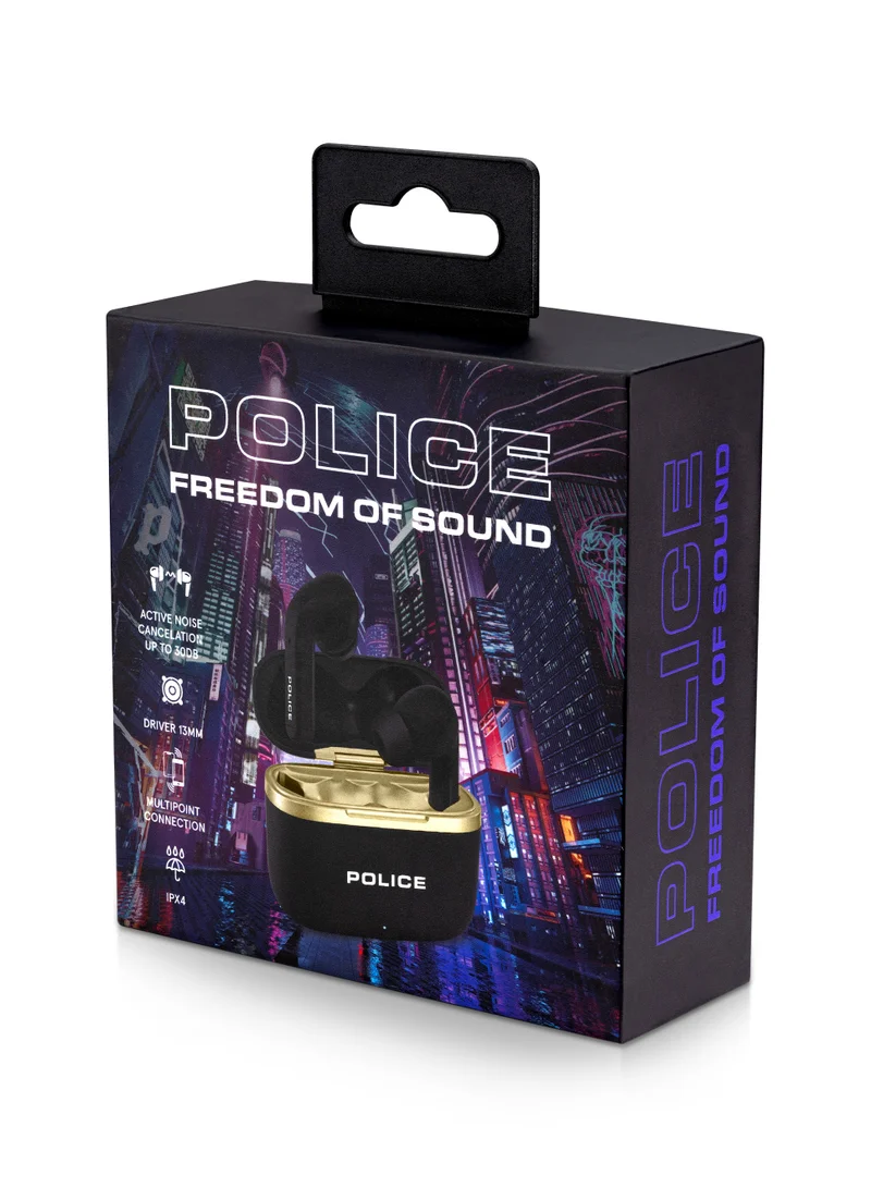 POLICE FOS III Earbuds with Active Noise Cancellation, 13mm Driver, Type-C Charging & Bluetooth 5.3, Black/Gold - IPX4