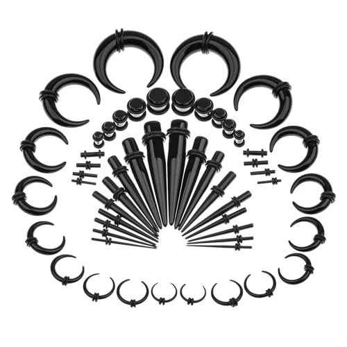 Memsion Ear Stretching Kit 54 Pieces 14G-00G Ear Gauges Expander Set Acrylic Septum Piercing Kit Crescent Spiral Buffalo Tapers and Plugs for Women Men Black Color - Image 1
