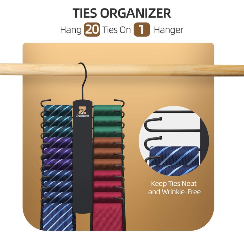Zedodier Tie Hanger With 20 Hooks  Space Saving Necktie Organizer For Men  Large Capacity Tie And Belt Wooden Hanger For Closet  Black - Image 2