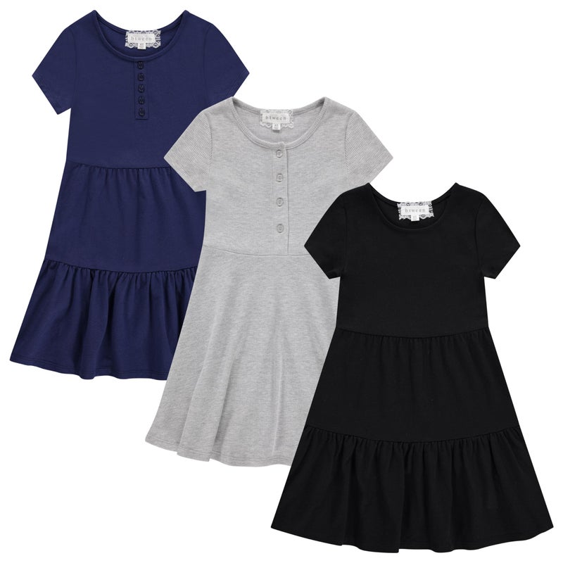 BTween 3 Piece Girls Summer Dress Set Short Sleeve Casual Skater Dresses, Kids Sizes 4-16 - Image 1