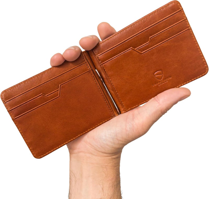 Vaultskin Brompton Slim Leather Wallet for Men with Money Clip - Minimalist Front Pocket Card Holder, 8 Pockets for Cards & Cash, Cognac, One size, Minimalist - Image 2