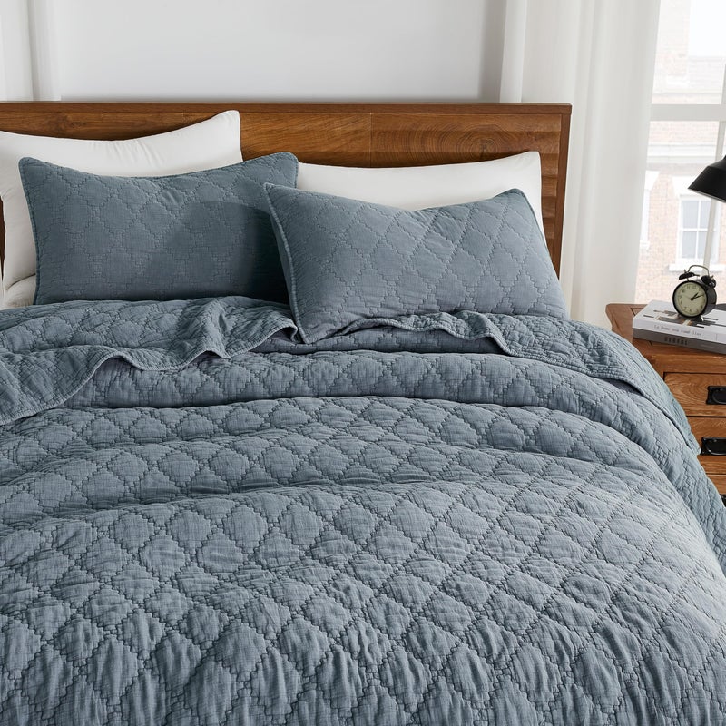 palassio Blue Grey Queen Size Quilt Set, Muslin Cotton Shell Down-Alt Poly Filling, Soft Shabby Chic Rustic Farmhouse Country Bedspread, Textured Gauze Coverlet, Lightweight Bedding, 2 Shams - Image 4
