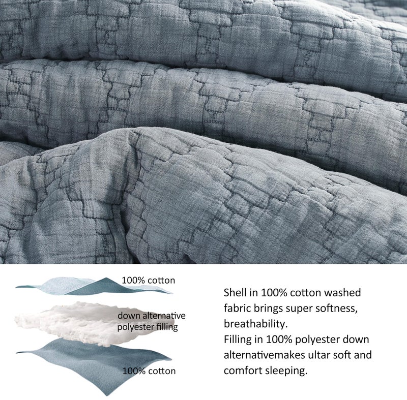 palassio Blue Grey Queen Size Quilt Set, Muslin Cotton Shell Down-Alt Poly Filling, Soft Shabby Chic Rustic Farmhouse Country Bedspread, Textured Gauze Coverlet, Lightweight Bedding, 2 Shams - Image 2