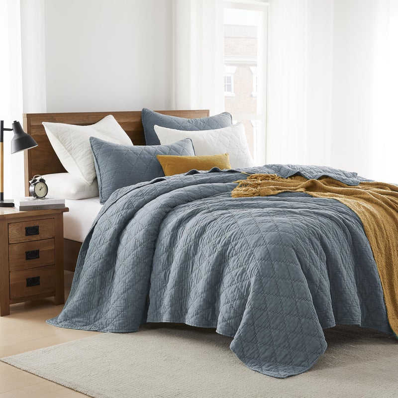 palassio Blue Grey Queen Size Quilt Set, Muslin Cotton Shell Down-Alt Poly Filling, Soft Shabby Chic Rustic Farmhouse Country Bedspread, Textured Gauze Coverlet, Lightweight Bedding, 2 Shams - Image 3