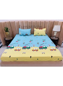 Furnistitchs Furnistitchs Kids Nursery Prints King Size Bed Cover Elastic Fitted Bedsheet with 2 Pillow Covers 240 X 260 cms Trucks  - Image 1