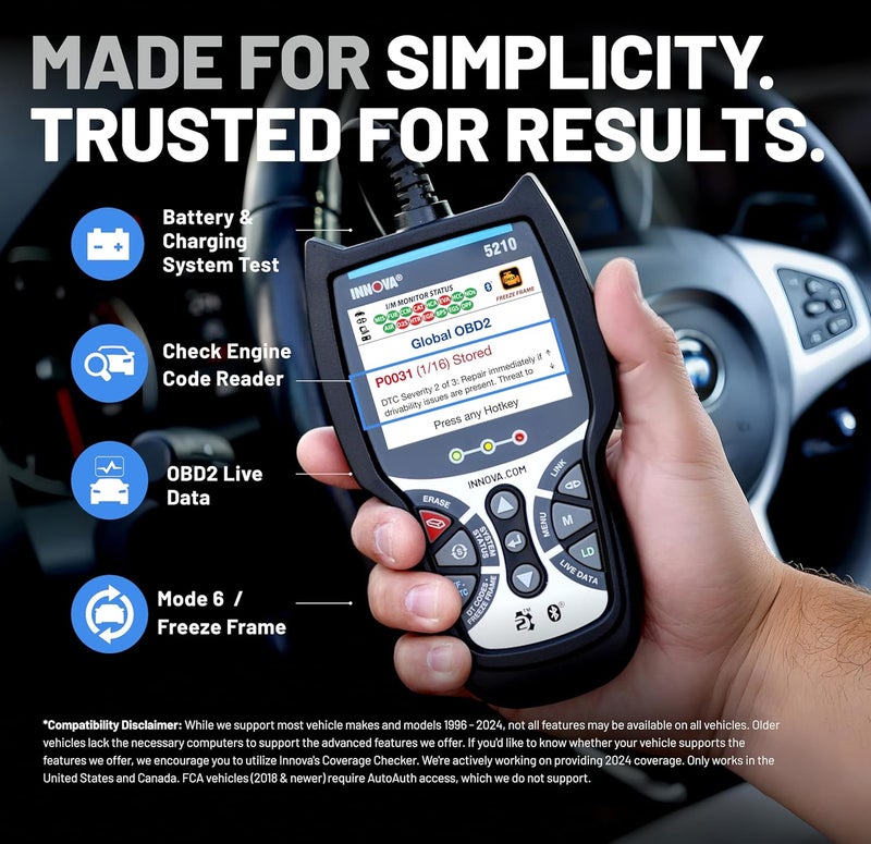 iNNOVA 5210 OBD2 Scanner & Engine Code Reader, Battery Tester, Live Data, Oil Reset, Car Diagnostic Tool for Most Vehicles, Bluetooth Compatible with America's Top Car Repair App - Image 2