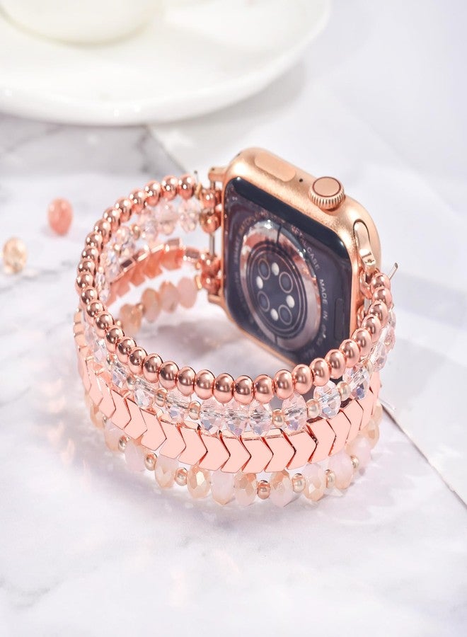 MOFREE Beaded Bracelet Compatible with Apple Watch Band 38mm/40mm/41mm/42mm, Fashion Elastic Stretch Women Bands for iWatch Series 11/10/9/8/7/SE/6/5/4/3/2/1 iPhone Watch Strap Bands Pink - Image 2