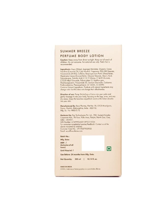 MCaffeine mCaffeine Summer Breeze Perfume Body Lotion| Niacinamide, Cocoa Butter & Shea Butter For Deep Moisturization | Lightweight, Non-Sticky | Aqua-Fresh Beachy Fragrance | Body Lotion For Dry Skin - 300ml  - Image 3