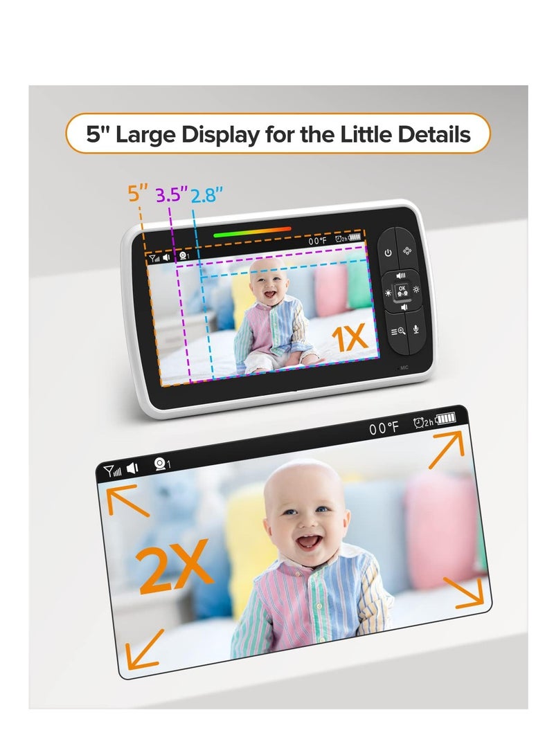 Excefore Baby Monitor, 5” Large Display Video Baby Monitor with Remote Pan-Tilt-Zoom, Infrared Night Vision, Temperature Display, Lullaby, Two Way Audio, 960ft Range Baby Monitor with Camera and Audio  - Image 3