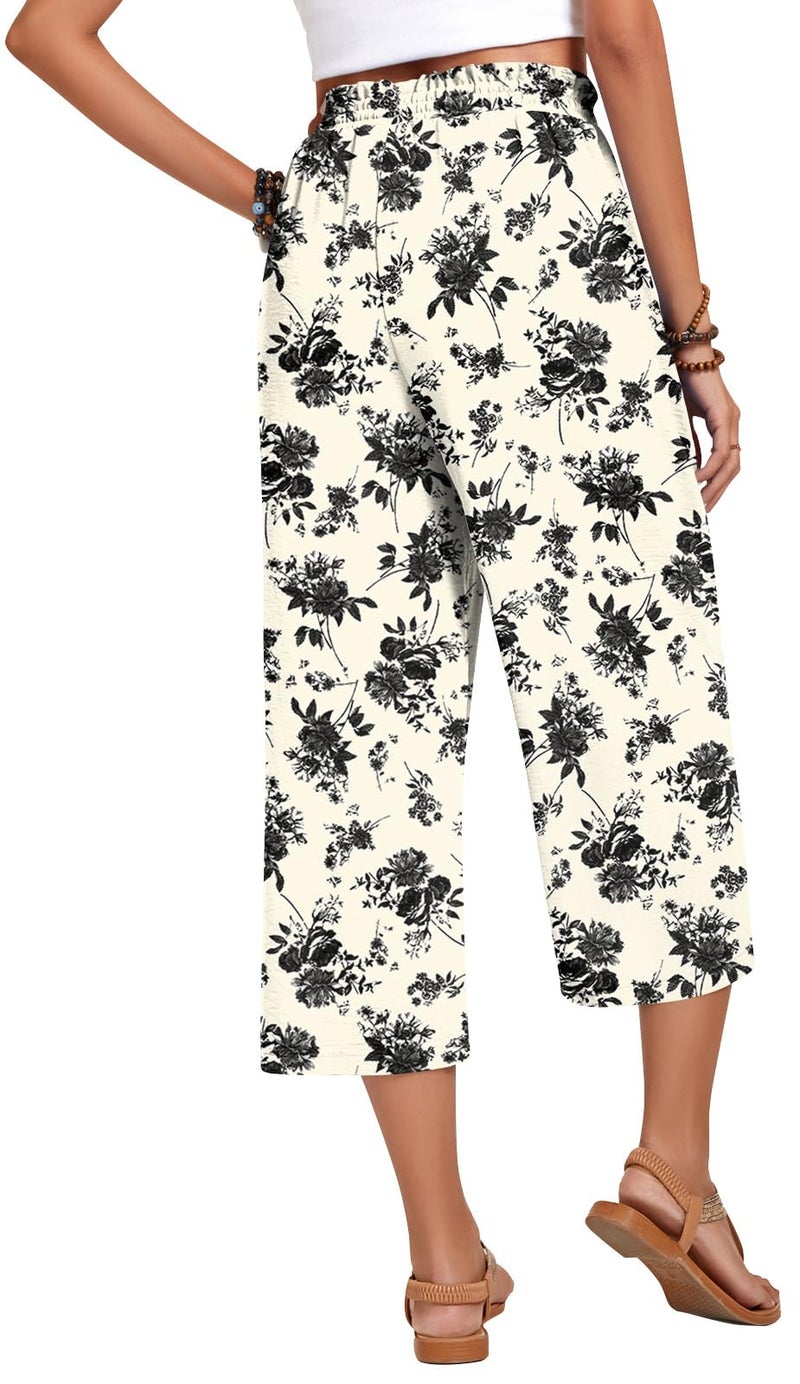Anyhold Womens Plus Size Capri Pants Loose High Waisted Wide Leg Lounge Pants Drawstring Casual Palazzo Trousers with Pockets 2X-Large, Black Flower White - Image 3