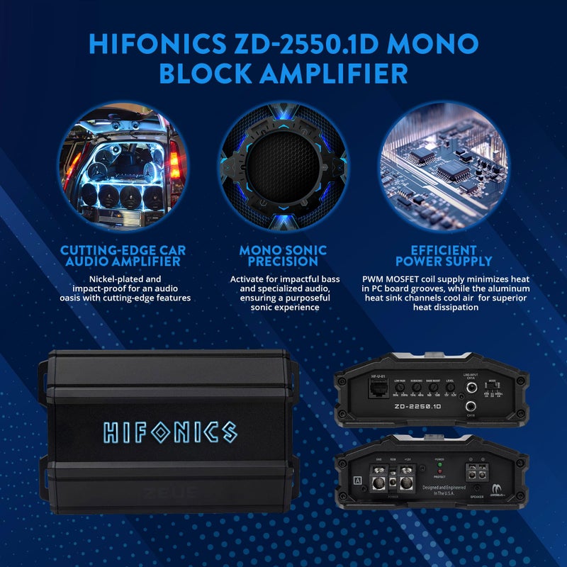 Hifonics مضخم صوت سيارة مدمج من هيبونيكس زيوس دلتا 2,550 واط مع ميزة التشغيل التلقائي، ZD-2550.1D، أسود - Image 3