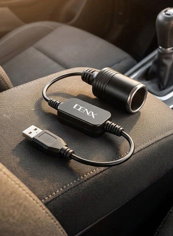 دينكس محول DENX USB لمقبس ولاعة السجائر: كابل تحويل الجهد من 5 فولت إلى 12 فولت، معزز طاقة (USB إلى مقبس سيارة أنثى) مخصص لكاميرات لوحة القيادة، أجهزة تحديد المواقع (GPS)، شواحن السيارات، وشرائط الإضاءة LED. الموديل: DX905. - Image 1