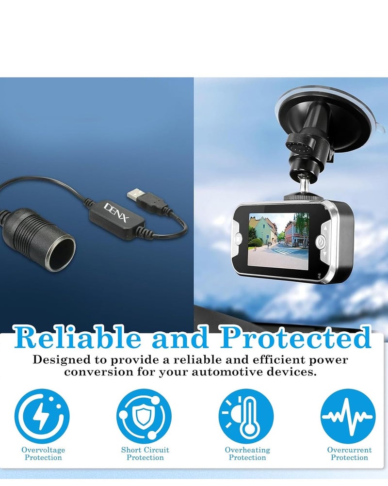 دينكس محول DENX USB لمقبس ولاعة السجائر: كابل تحويل الجهد من 5 فولت إلى 12 فولت، معزز طاقة (USB إلى مقبس سيارة أنثى) مخصص لكاميرات لوحة القيادة، أجهزة تحديد المواقع (GPS)، شواحن السيارات، وشرائط الإضاءة LED. الموديل: DX905. - Image 3