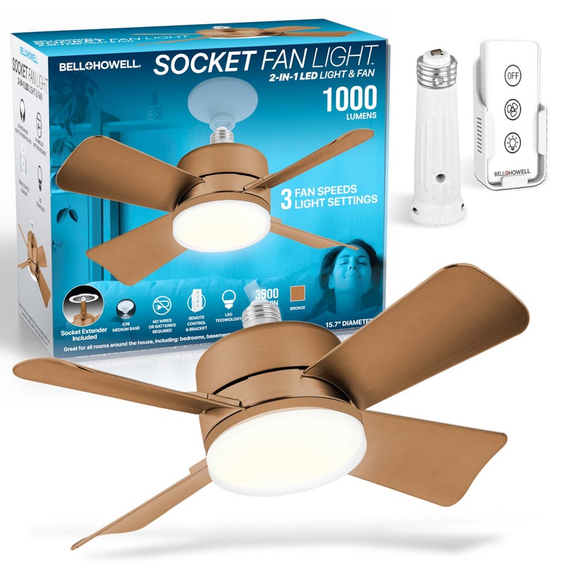 BellHowell Socket Breeze Socket Fan Light with Remote Portable Small Ceiling Fans with Lights for Bedroom Kitchen Living Room Ceiling Fan with Light 3500K 1000 Lumens Screws into E26E27