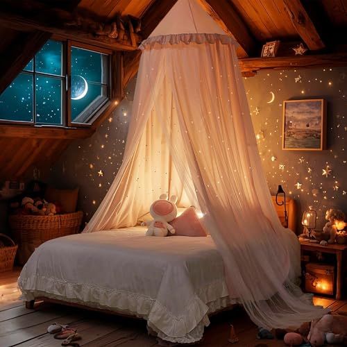 Eimilaly Princess Bed Canopy for Girls Double Layer Canopy with Cutout Stars Breathable Dream Canopy Washable Pink Fabric Fits TwinFull Bed Fairy Bed Tent for Kids Room Decor Pink