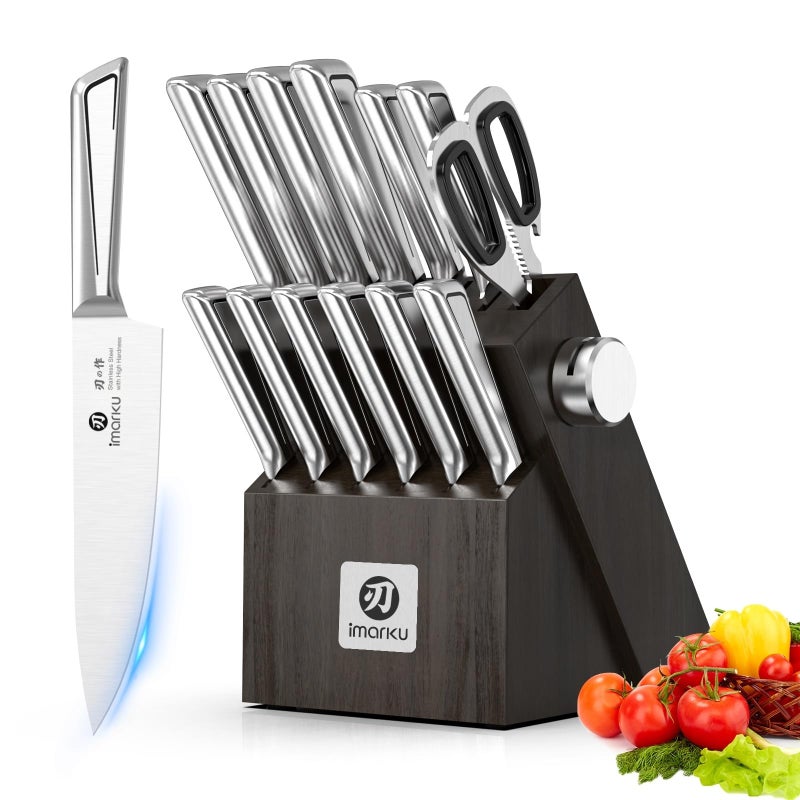 imarku Kitchen Knife Set with Block and Built-in Sharpener, Japanese Stainless Steel 14-Piece Knife Set with Utility Knife, Dishwasher Safe, Non-Slip Ergonomic Handles, Essential Gift for Home Cooks - Image 1