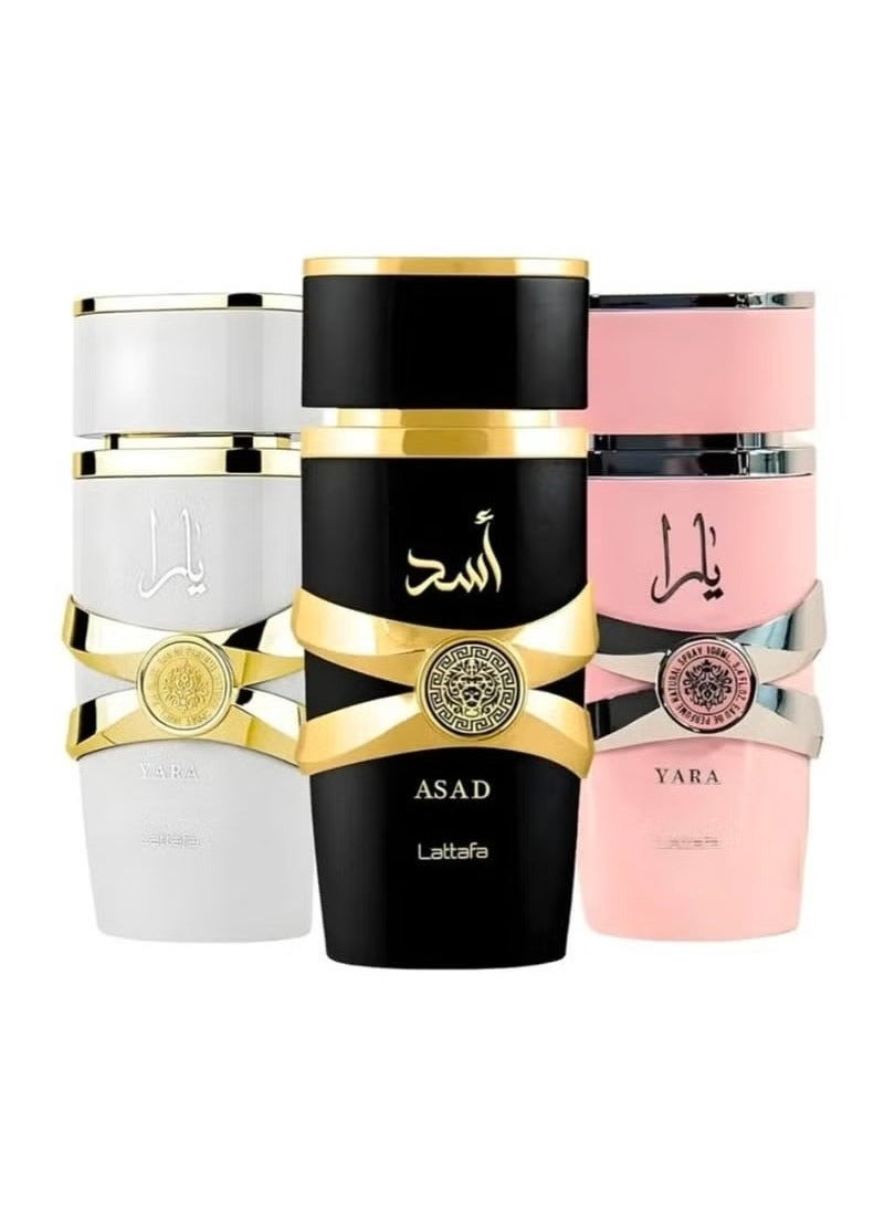 Lattafa distinctive perfume collection Yara, Asad and Yara Moa Eau de Parfum 100ml