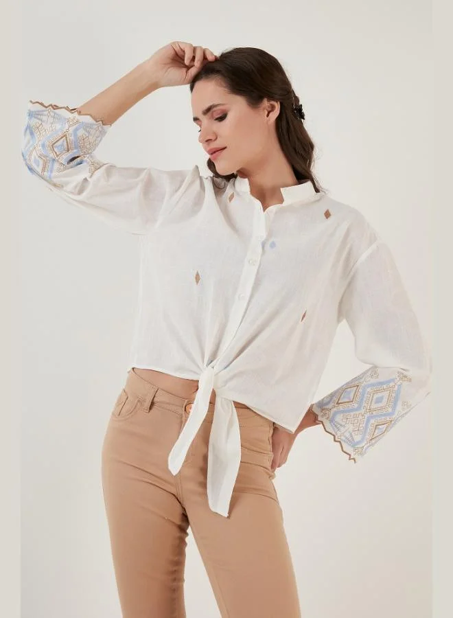 Lela  Lela Cotton Embroidered Tied Waist Judge Collar Shirt Women's SHIRT 6110097 for Women | Best Price UAE
