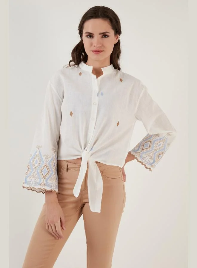 Lela  Lela Cotton Embroidered Tied Waist Judge Collar Shirt Women's SHIRT 6110097 for Women | Best Price UAE