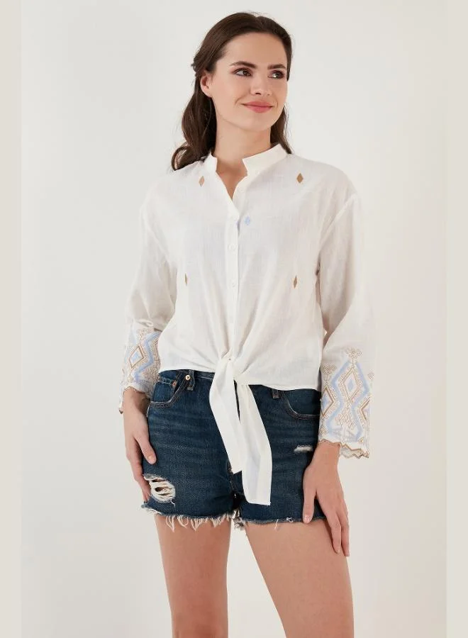 Lela  Lela Cotton Embroidered Tied Waist Judge Collar Shirt Women's SHIRT 6110097 for Women | Best Price UAE