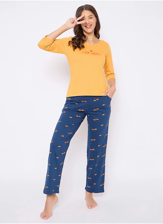 كلوفيا Clovia Fish Print Top in Yellow & Pyjama in Navy - 100% Cotton