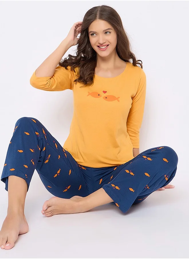 كلوفيا Clovia Fish Print Top in Yellow & Pyjama in Navy - 100% Cotton