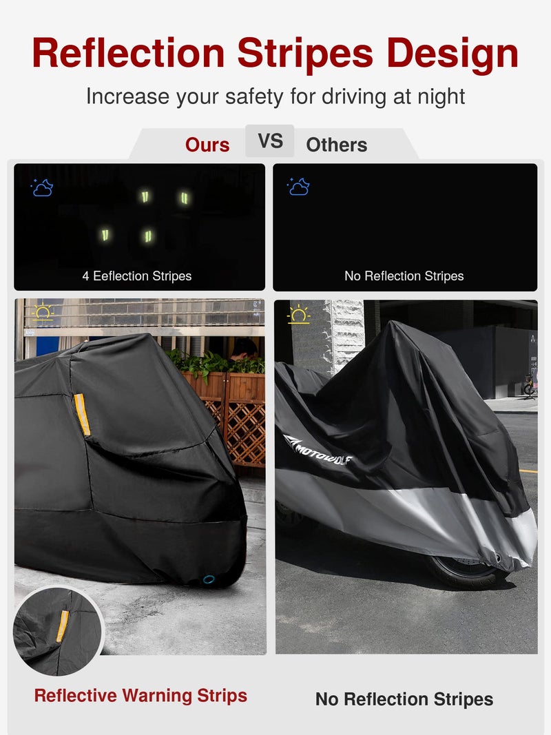 Puroma Motorcycle Cover Heavy Duty Scooter Cover Waterproof Outdoor All Season Universal Weather Quality Protection with Night Reflective, Lock Holes and Storage Bag Fits up to 105" Motorcycle Vehicle - Image 3