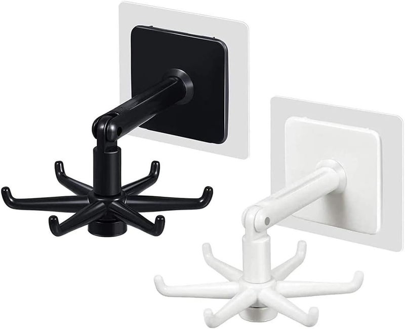 ERZA Kitchen Utensil Hanger Wall Mount, 360 Degrees Rotating Folding Multi-Purpose Hook, Self Adhesive Hook Utensil Rack with 6 Hooks for Kitchen & Bathroom Cabinet, Black & White, Pack of 2 - Image 1