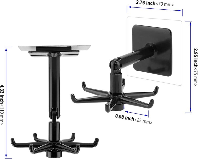 ERZA Kitchen Utensil Hanger Wall Mount, 360 Degrees Rotating Folding Multi-Purpose Hook, Self Adhesive Hook Utensil Rack with 6 Hooks for Kitchen & Bathroom Cabinet, Black & White, Pack of 2 - Image 2