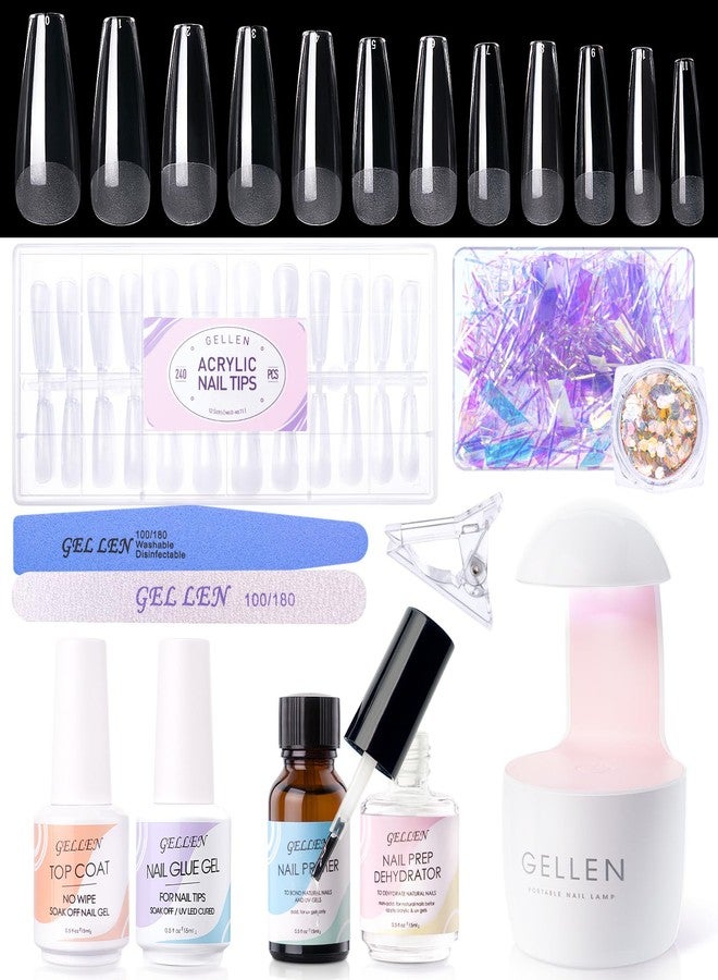 Gellen Gel Nail Kit Coffin 240pcs Nail Tips Extension Set with Everything, Etch X Nail Tips DIY Kit Long Coffin Gel Nail Glue U V Light for Women - Image 1