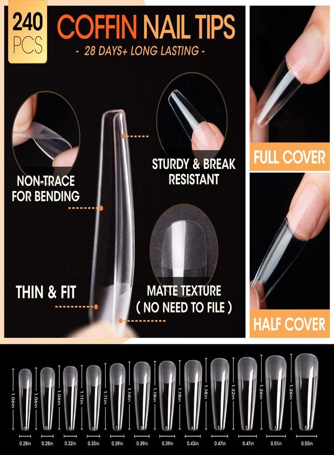 Gellen Gel Nail Kit Coffin 240pcs Nail Tips Extension Set with Everything, Etch X Nail Tips DIY Kit Long Coffin Gel Nail Glue U V Light for Women - Image 3