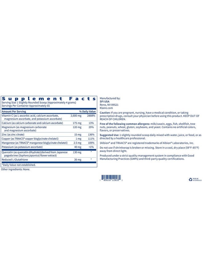 Klaire Labs Multielement Buffered C Powder With Quercetin Bioflavonoid & Lglutathione To Support Immune Function & Antioxidant Protection Hypoallergenic & Gentle On Stomach (65 Servings 260 Grams) - Image 5