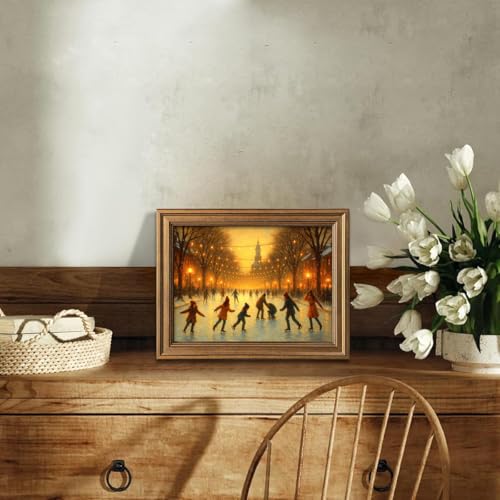 Hamduker Canvas Print Vintage Winter Ice Skating Wall Art Decor Cozy Winter Scenery Framed Canvas Prints Holiday Ice Skating Landscape for Bedroom Living Room Decor Size 95x12x1pcs - Image 3