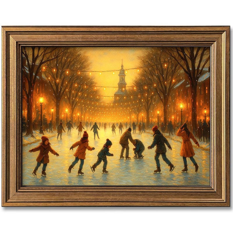 Hamduker Canvas Print Vintage Winter Ice Skating Wall Art Decor Cozy Winter Scenery Framed Canvas Prints Holiday Ice Skating Landscape for Bedroom Living Room Decor Size 95x12x1pcs - Image 2