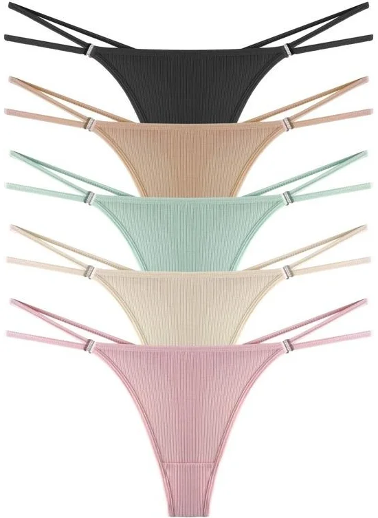 كوتن هيل Women's Cotton and Stone Detailed Lycra Ribbed Camisole Thong Panties Pack of 5