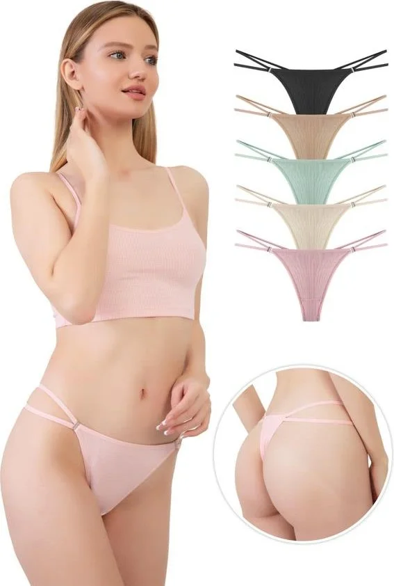 COTTONHILL Women's Cotton and Stone Detailed Lycra Ribbed Camisole Thong Panties Pack of 5