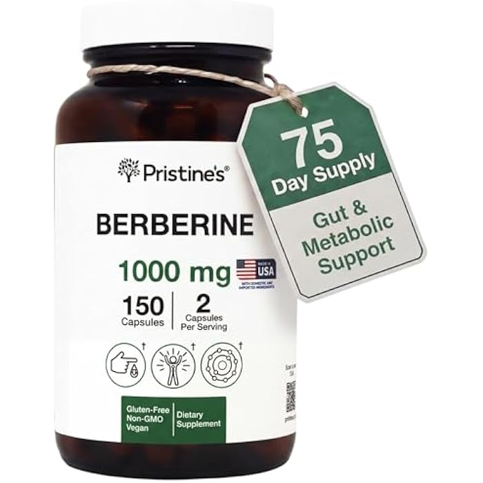 PRISTINE'S Berberine 1000 MG Supplement Capsules - 75 Day Supply 150 Capsules - Heart, & Immunity Health Support Antioxidant - Digestive Tract & Healthy Gut Flora Support Glass Bottle - Image 1