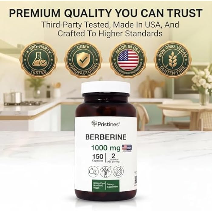 PRISTINE'S Berberine 1000 MG Supplement Capsules - 75 Day Supply 150 Capsules - Heart, & Immunity Health Support Antioxidant - Digestive Tract & Healthy Gut Flora Support Glass Bottle - Image 2
