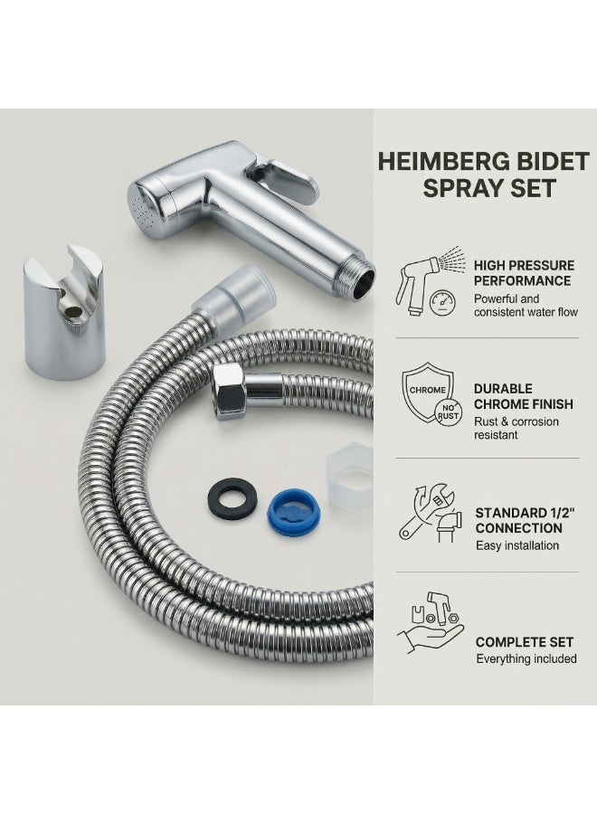 HEIMBERG LUTZ Bidet Spray Shattaf Set Chrome with Hose & Wall Holder – ABS Handheld Spray, 1/2" Connection, High Pressure Bathroom Kit - Image 2
